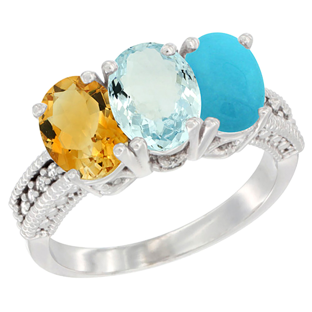 14K White Gold Natural Citrine, Aquamarine & Turquoise Ring 3-Stone 7x5 mm Oval Diamond Accent, sizes 5 - 10