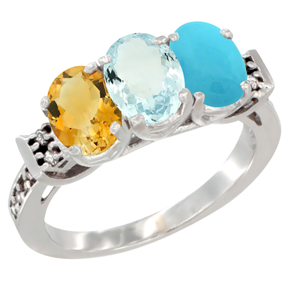 14K White Gold Natural Citrine, Aquamarine &amp; Turquoise Ring 3-Stone 7x5 mm Oval Diamond Accent, sizes 5 - 10