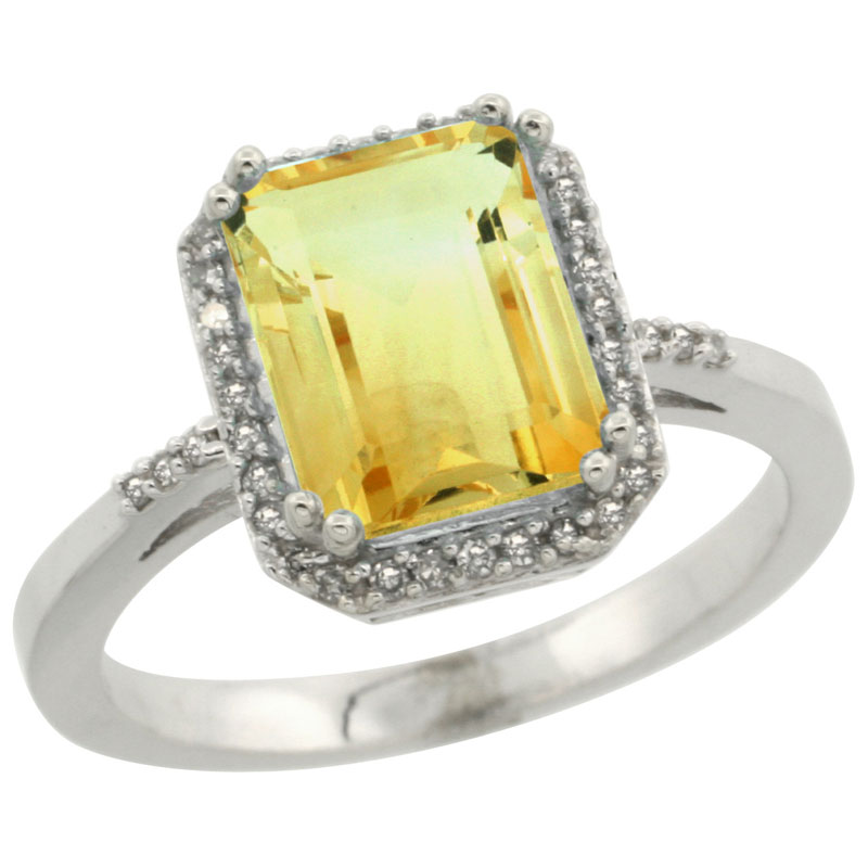 14K White Gold Diamond Natural Citrine Ring Emerald-cut 9x7mm, sizes 5-10