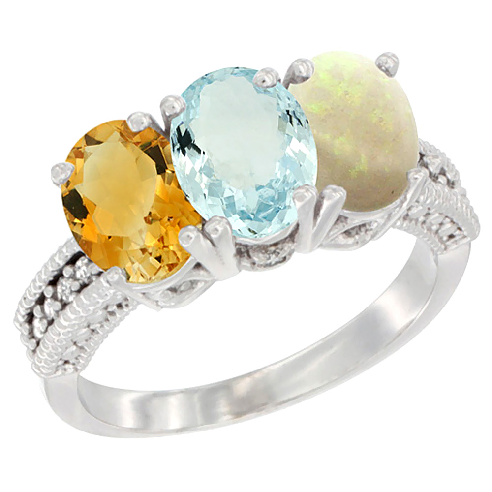 14K White Gold Natural Citrine, Aquamarine & Opal Ring 3-Stone 7x5 mm Oval Diamond Accent, sizes 5 - 10