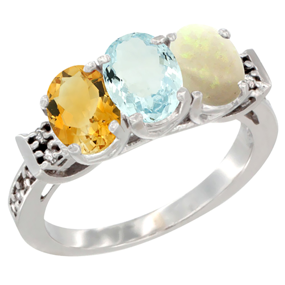 14K White Gold Natural Citrine, Aquamarine & Opal Ring 3-Stone 7x5 mm Oval Diamond Accent, sizes 5 - 10