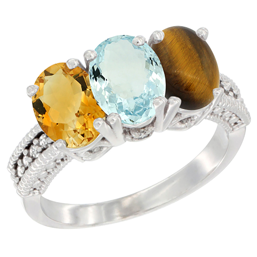 14K White Gold Natural Citrine, Aquamarine & Tiger Eye Ring 3-Stone 7x5 mm Oval Diamond Accent, sizes 5 - 10