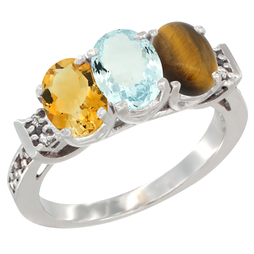 14K White Gold Natural Citrine, Aquamarine &amp; Tiger Eye Ring 3-Stone 7x5 mm Oval Diamond Accent, sizes 5 - 10