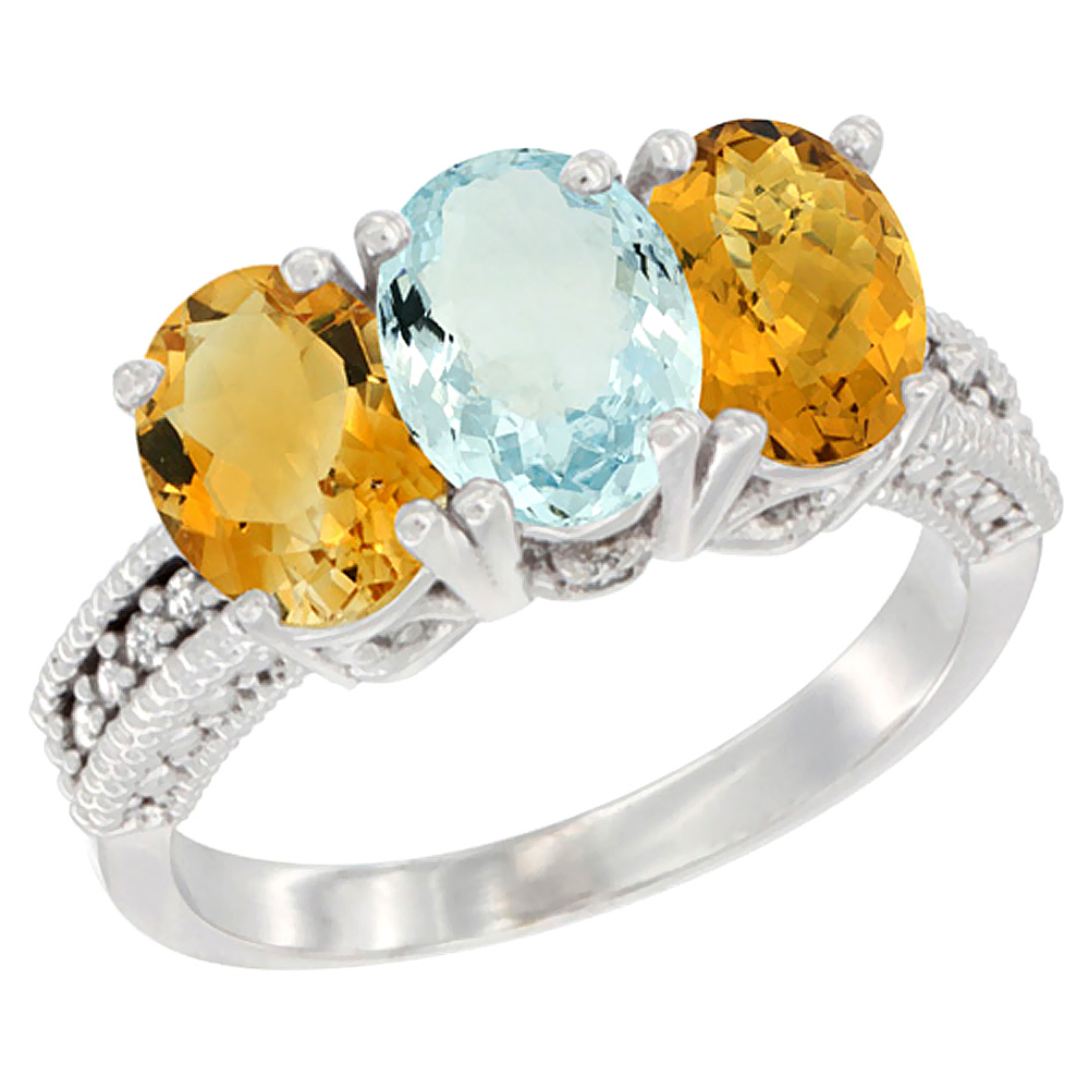 14K White Gold Natural Citrine, Aquamarine &amp; Whisky Quartz Ring 3-Stone 7x5 mm Oval Diamond Accent, sizes 5 - 10