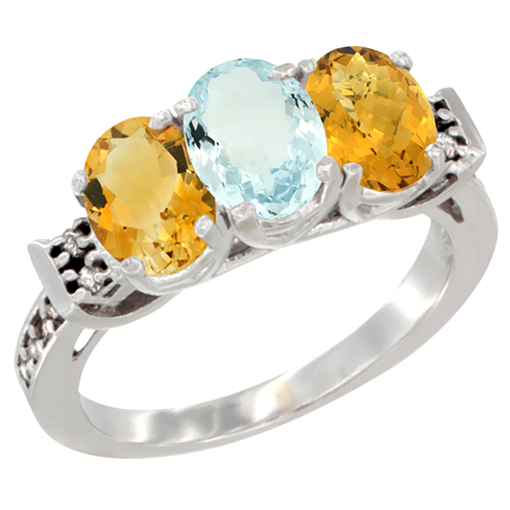 14K White Gold Natural Citrine, Aquamarine &amp; Whisky Quartz Ring 3-Stone 7x5 mm Oval Diamond Accent, sizes 5 - 10