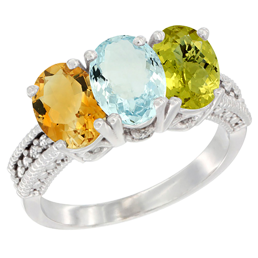 10K White Gold Natural Citrine, Aquamarine & Lemon Quartz Ring 3-Stone Oval 7x5 mm Diamond Accent, sizes 5 - 10