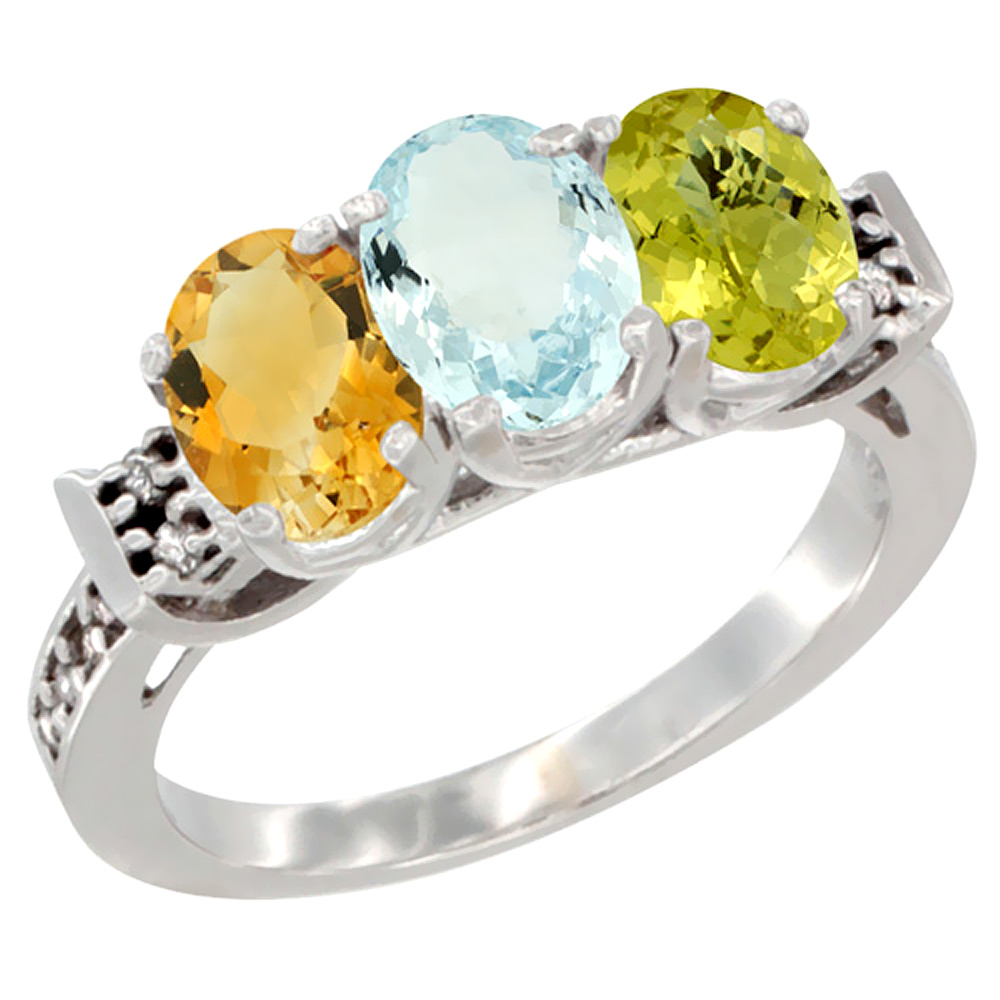 10K White Gold Natural Citrine, Aquamarine & Lemon Quartz Ring 3-Stone Oval 7x5 mm Diamond Accent, sizes 5 - 10