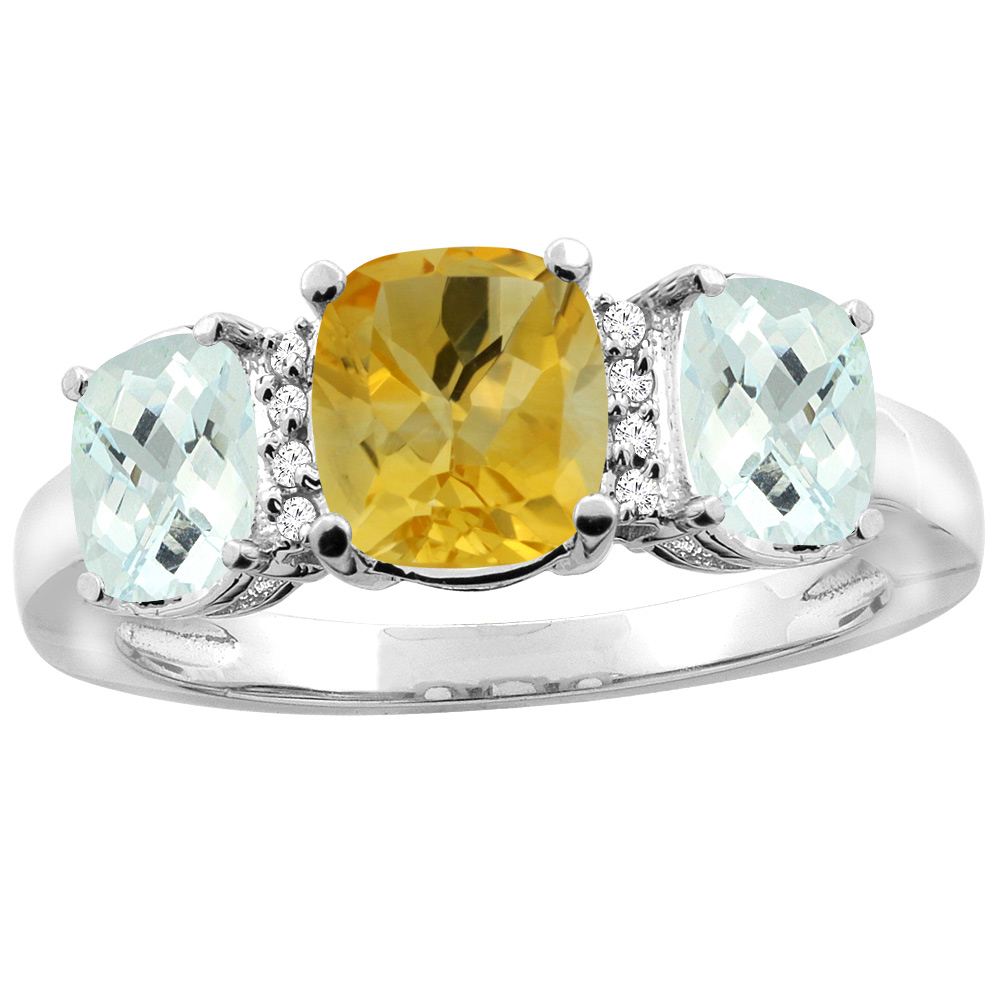 14K White Gold Natural Citrine & Aquamarine 3-stone Ring Cushion 8x6mm Diamond Accent, sizes 5 - 10