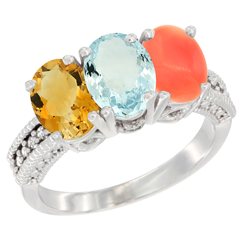 14K White Gold Natural Citrine, Aquamarine &amp; Coral Ring 3-Stone 7x5 mm Oval Diamond Accent, sizes 5 - 10