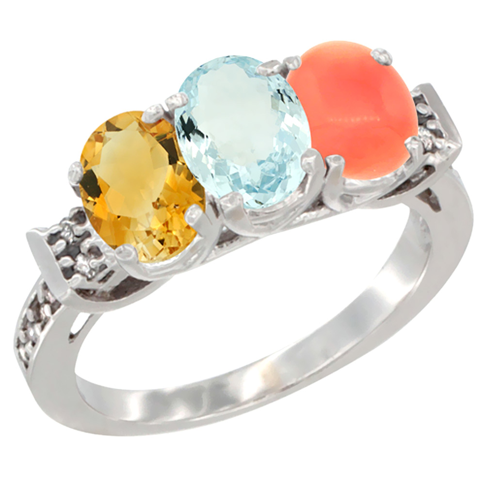 10K White Gold Natural Citrine, Aquamarine &amp; Coral Ring 3-Stone Oval 7x5 mm Diamond Accent, sizes 5 - 10