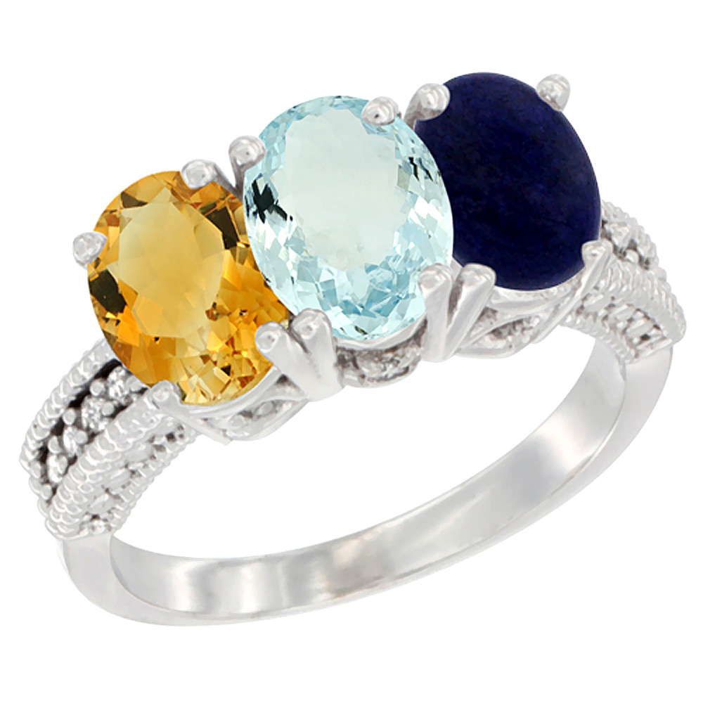 10K White Gold Natural Citrine, Aquamarine &amp; Lapis Ring 3-Stone Oval 7x5 mm Diamond Accent, sizes 5 - 10