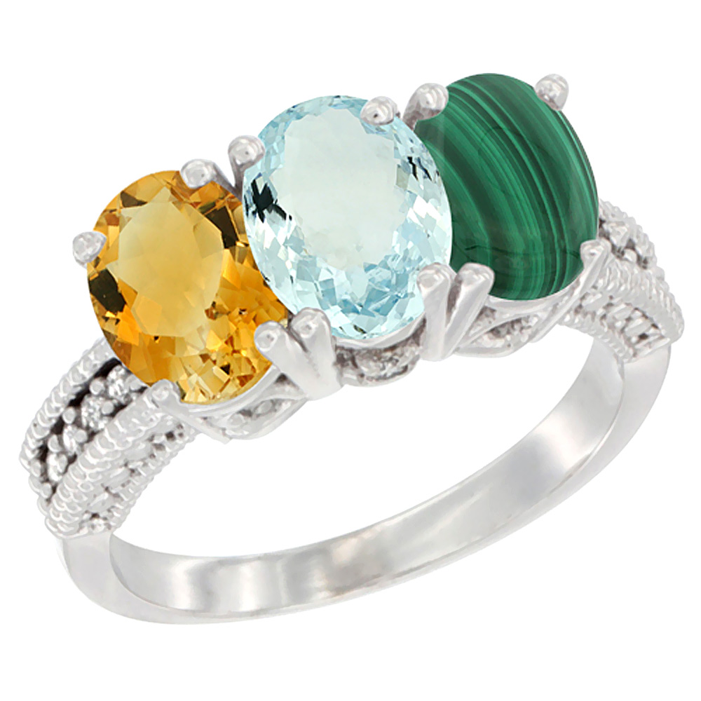 14K White Gold Natural Citrine, Aquamarine &amp; Malachite Ring 3-Stone 7x5 mm Oval Diamond Accent, sizes 5 - 10