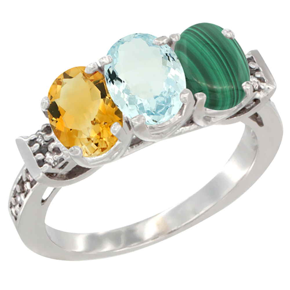 14K White Gold Natural Citrine, Aquamarine &amp; Malachite Ring 3-Stone 7x5 mm Oval Diamond Accent, sizes 5 - 10