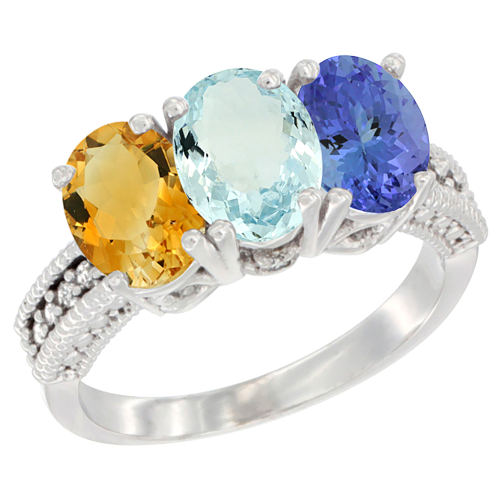 14K White Gold Natural Citrine, Aquamarine & Tanzanite Ring 3-Stone 7x5 mm Oval Diamond Accent, sizes 5 - 10