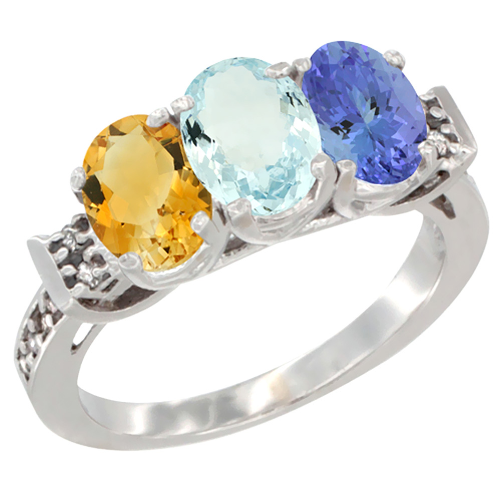 14K White Gold Natural Citrine, Aquamarine & Tanzanite Ring 3-Stone 7x5 mm Oval Diamond Accent, sizes 5 - 10