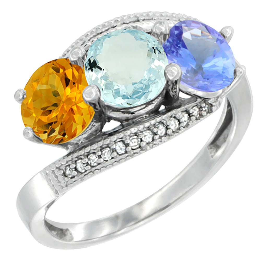 10K White Gold Natural Citrine, Aquamarine & Tanzanite 3 stone Ring Round 6mm Diamond Accent, sizes 5 - 10