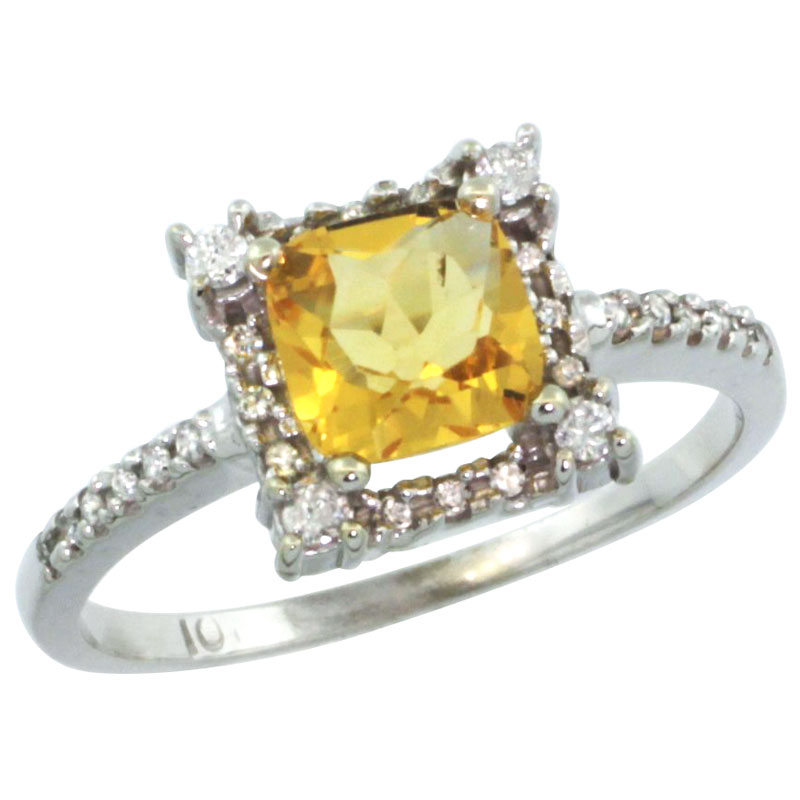 14K White Gold Natural Citrine Ring Cushion-cut 6x6mm Diamond Halo, sizes 5-10