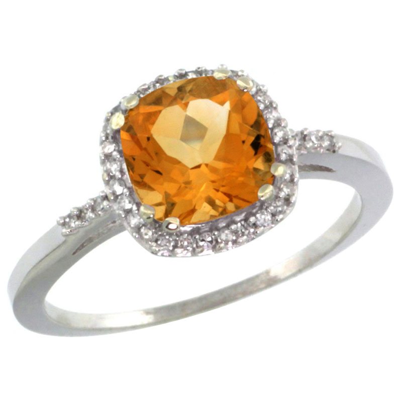 10K White Gold Diamond Natural Citrine Ring Cushion-cut 7x7mm, sizes 5-10