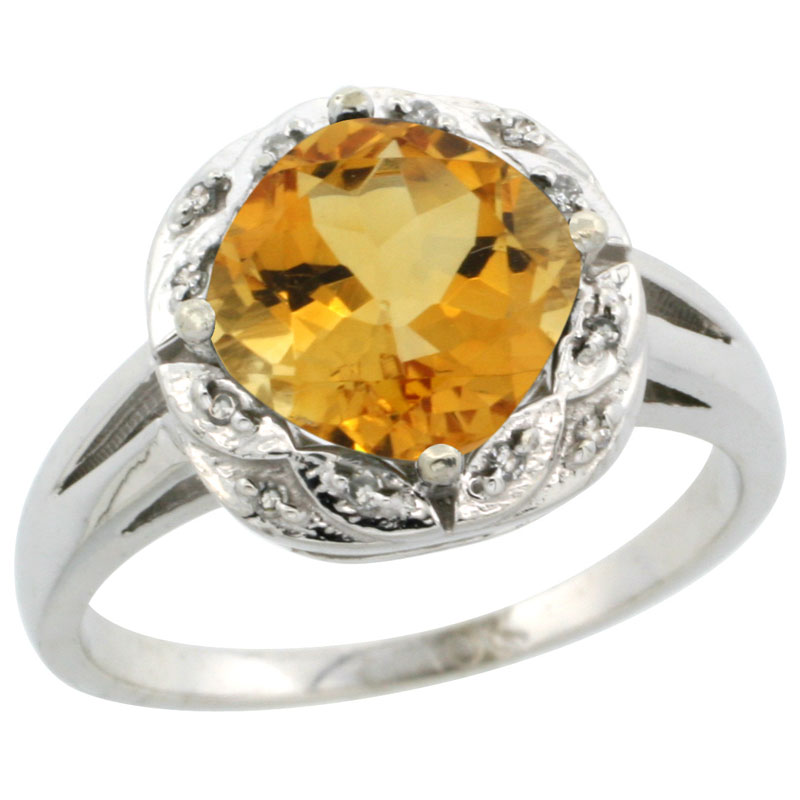 10k White Gold Natural Citrine Ring Cushion-cut 8x8mm Diamond Halo, sizes 5-10