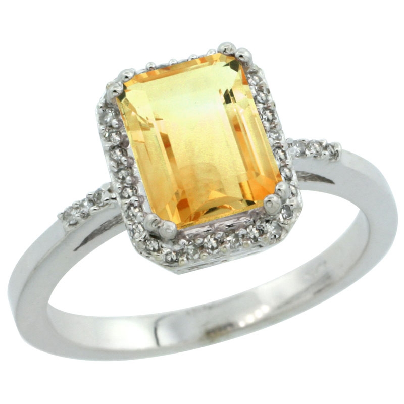 14K White Gold Diamond Natural Citrine Ring Emerald-cut 8x6mm, sizes 5-10