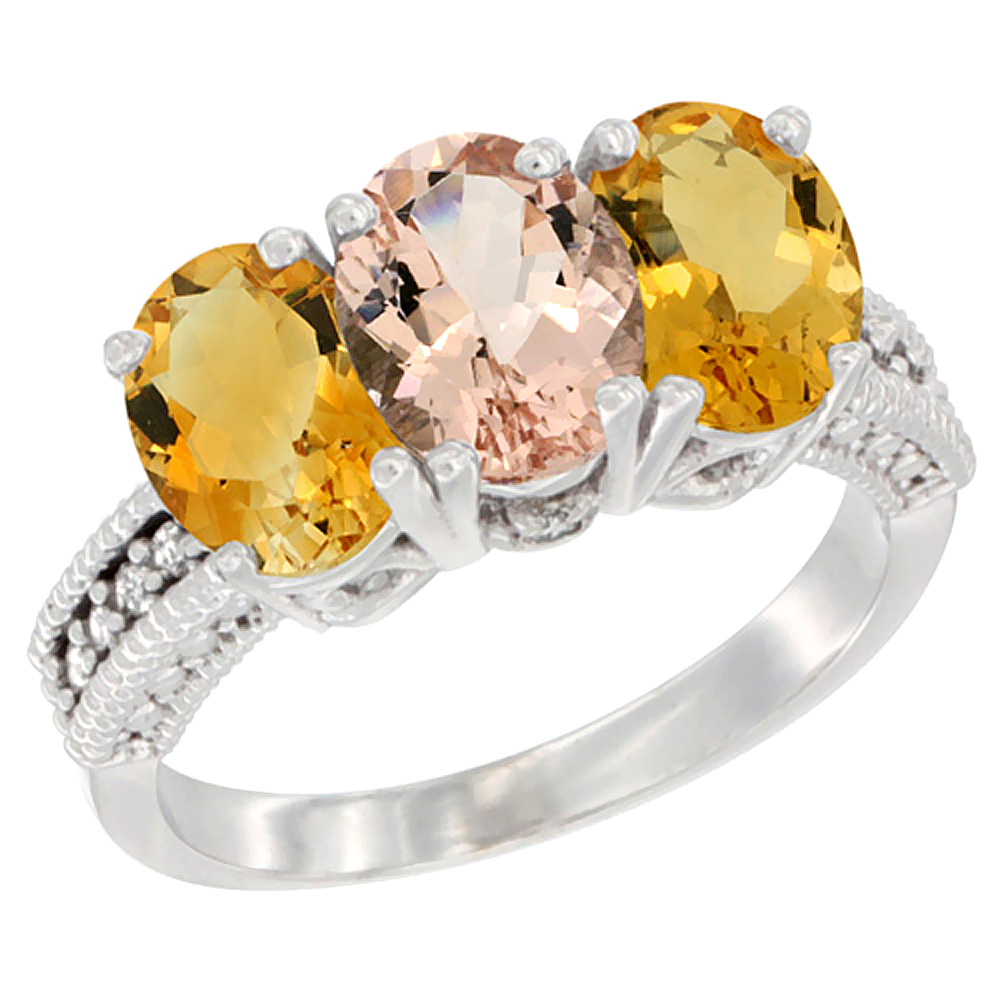 14K White Gold Natural Morganite & Citrine Sides Ring 3-Stone 7x5 mm Oval Diamond Accent, sizes 5 - 10