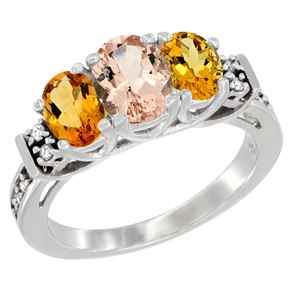 10K White Gold Natural Morganite & Citrine Ring 3-Stone Oval Diamond Accent, sizes 5-10