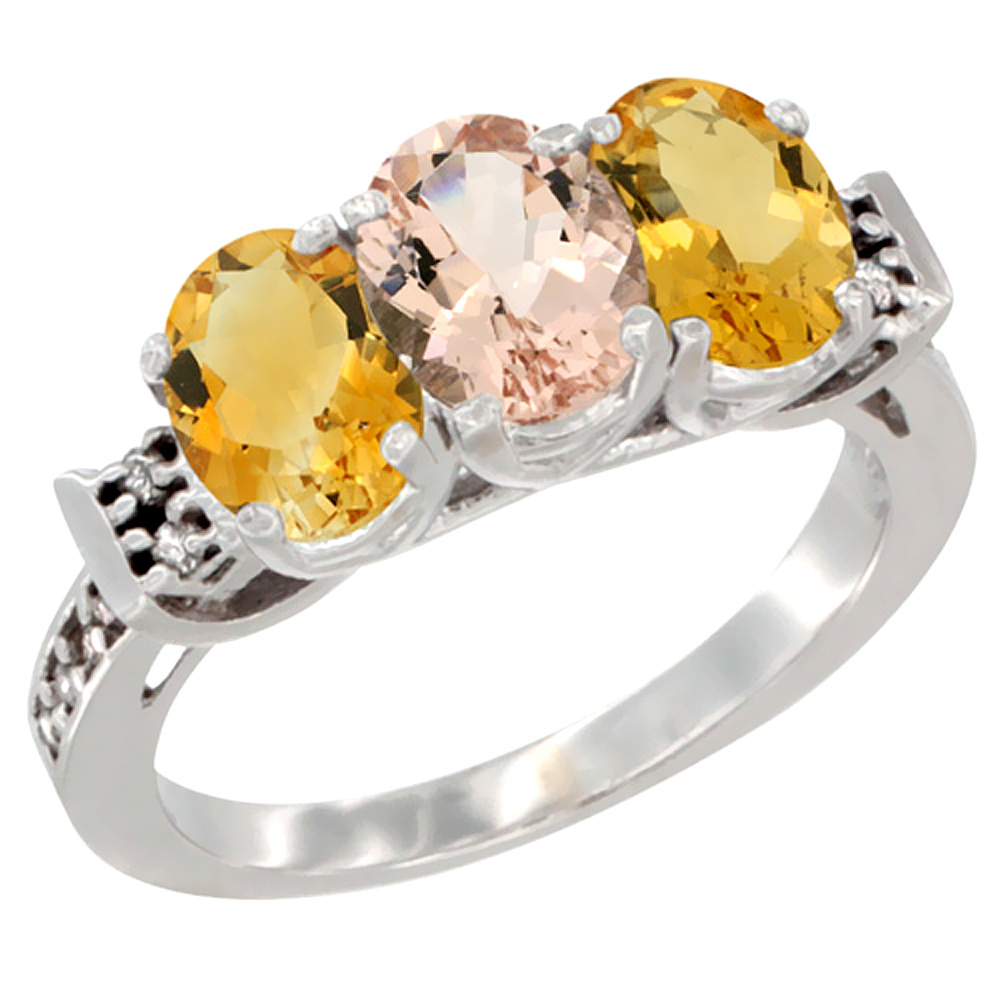 10K White Gold Natural Morganite & Citrine Sides Ring 3-Stone Oval 7x5 mm Diamond Accent, sizes 5 - 10