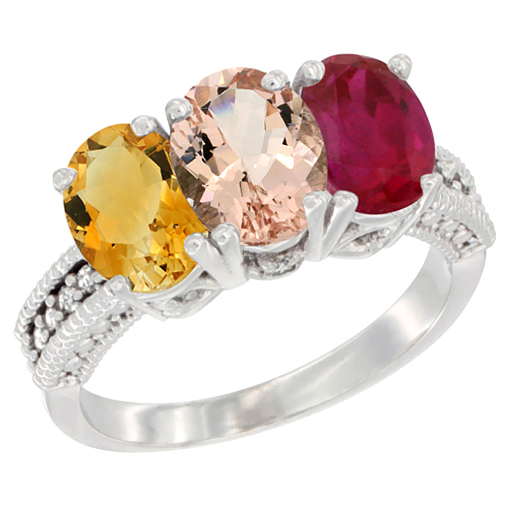 14K White Gold Natural Citrine, Morganite & Enhanced Ruby Ring 3-Stone 7x5 mm Oval Diamond Accent, sizes 5 - 10