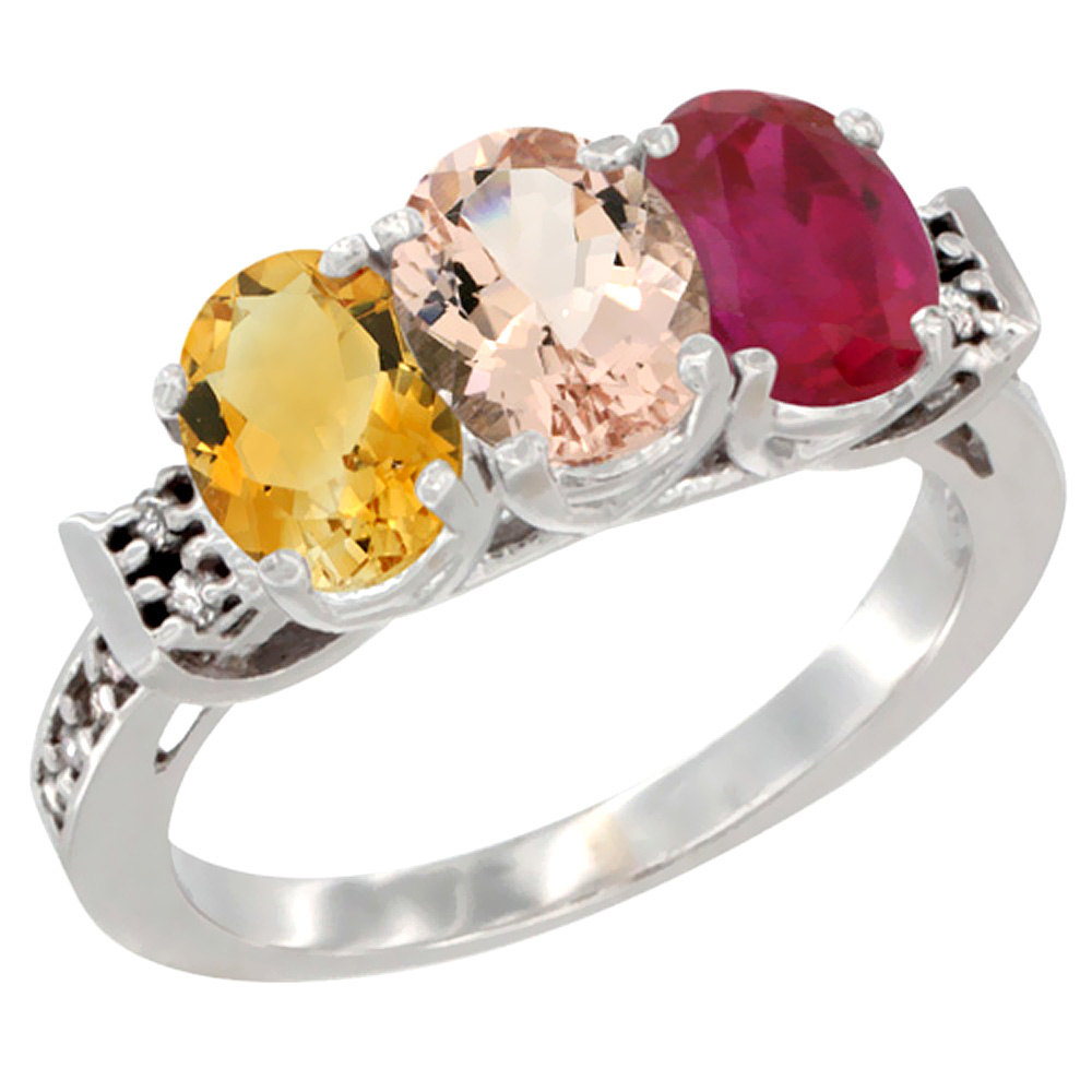 14K White Gold Natural Citrine, Morganite & Enhanced Ruby Ring 3-Stone 7x5 mm Oval Diamond Accent, sizes 5 - 10