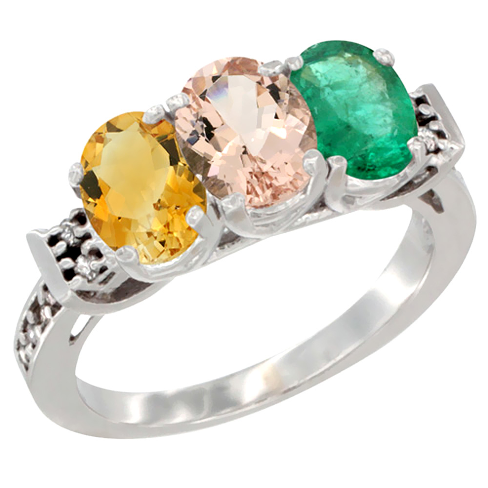 10K White Gold Natural Citrine, Morganite & Emerald Ring 3-Stone Oval 7x5 mm Diamond Accent, sizes 5 - 10