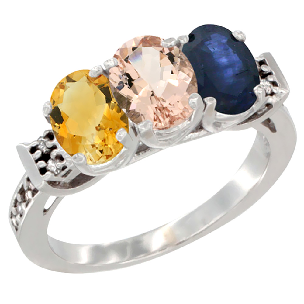 10K White Gold Natural Citrine, Morganite &amp; Blue Sapphire Ring 3-Stone Oval 7x5 mm Diamond Accent, sizes 5 - 10