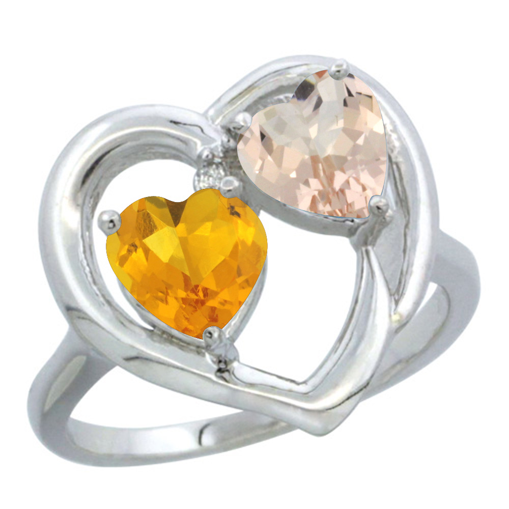 10K White Gold Diamond Two-stone Heart Ring 6mm Natural Citrine & Morganite, sizes 5-10