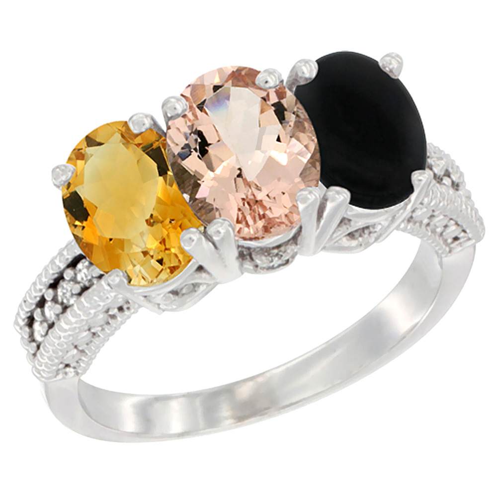 14K White Gold Natural Citrine, Morganite & Black Onyx Ring 3-Stone 7x5 mm Oval Diamond Accent, sizes 5 - 10