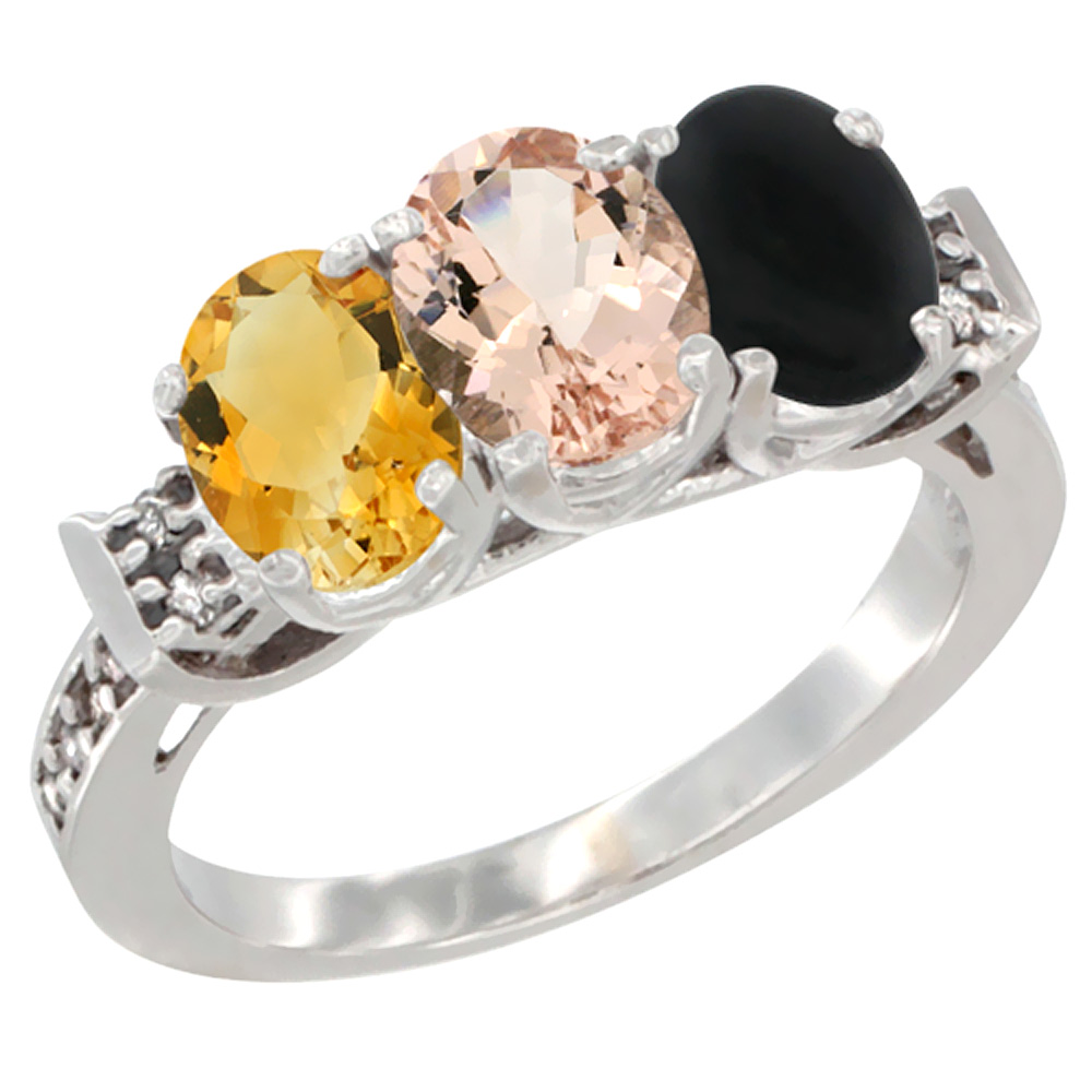 14K White Gold Natural Citrine, Morganite & Black Onyx Ring 3-Stone 7x5 mm Oval Diamond Accent, sizes 5 - 10