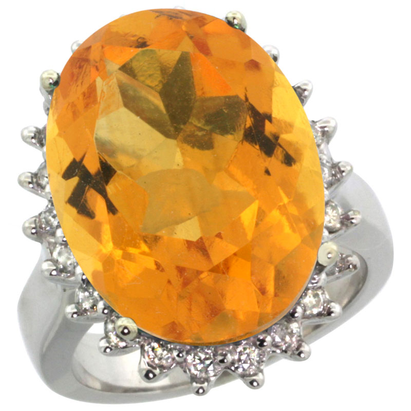 14k White Gold Diamond Halo Natural Citrine Ring Large Oval 18x13mm, sizes 5-10