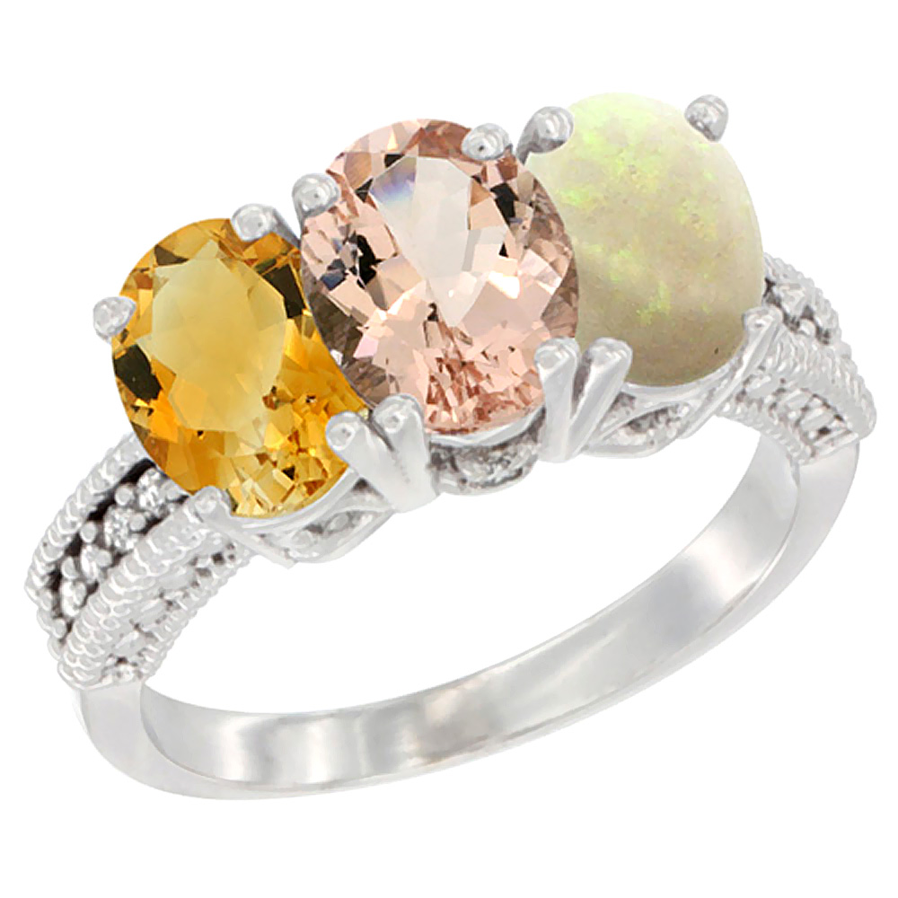 14K White Gold Natural Citrine, Morganite & Opal Ring 3-Stone 7x5 mm Oval Diamond Accent, sizes 5 - 10