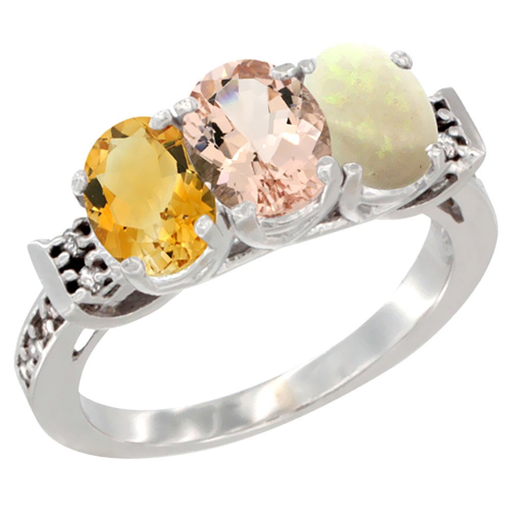 14K White Gold Natural Citrine, Morganite & Opal Ring 3-Stone 7x5 mm Oval Diamond Accent, sizes 5 - 10