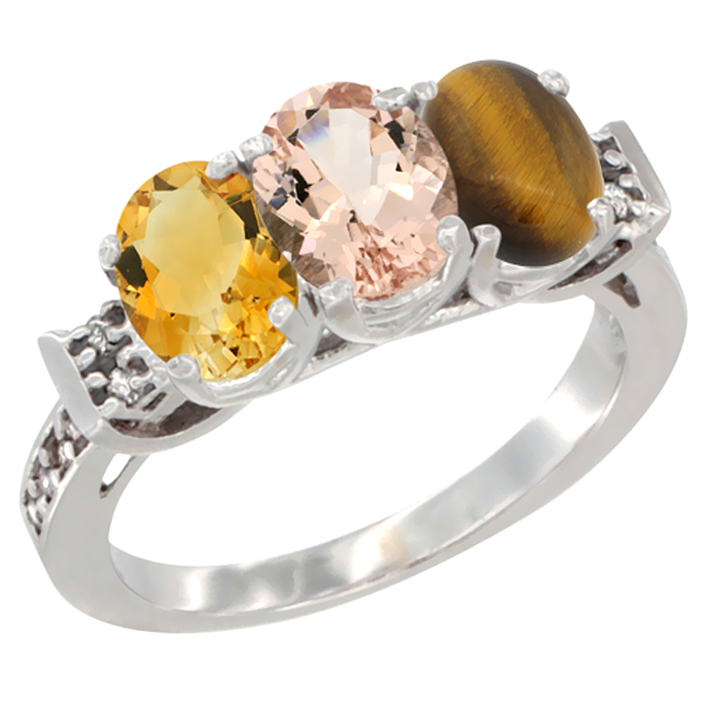 14K White Gold Natural Citrine, Morganite &amp; Tiger Eye Ring 3-Stone 7x5 mm Oval Diamond Accent, sizes 5 - 10