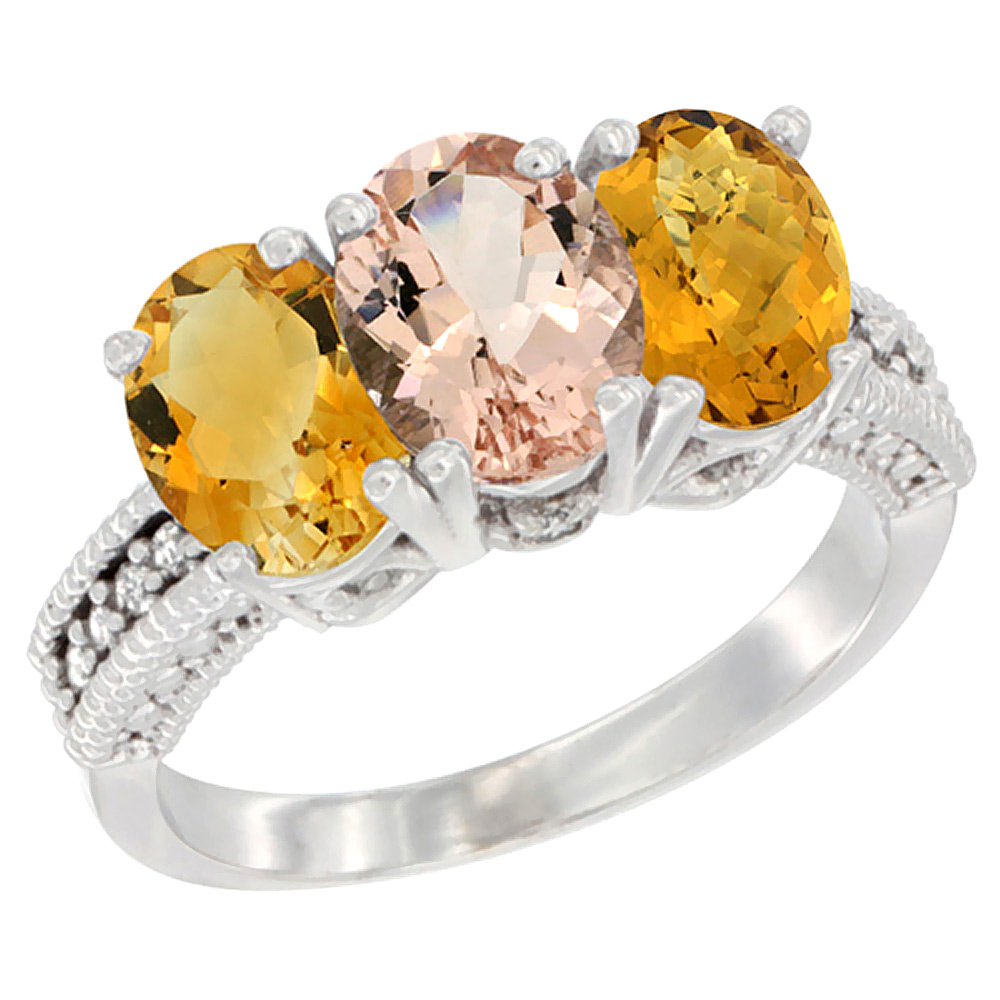 14K White Gold Natural Citrine, Morganite & Whisky Quartz Ring 3-Stone 7x5 mm Oval Diamond Accent, sizes 5 - 10