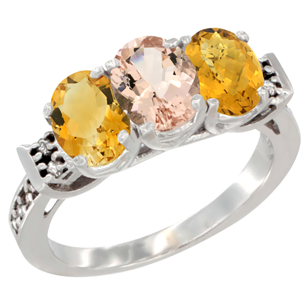 10K White Gold Natural Citrine, Morganite &amp; Whisky Quartz Ring 3-Stone Oval 7x5 mm Diamond Accent, sizes 5 - 10