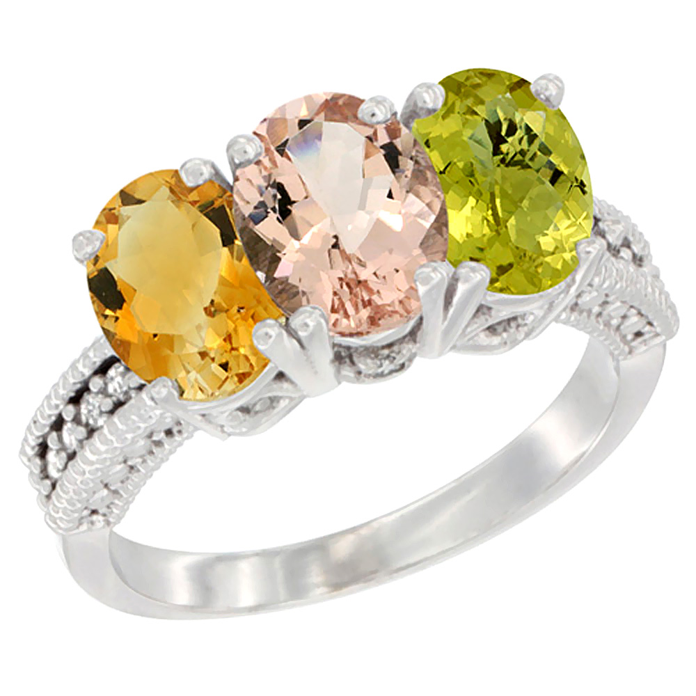 10K White Gold Natural Citrine, Morganite & Lemon Quartz Ring 3-Stone Oval 7x5 mm Diamond Accent, sizes 5 - 10