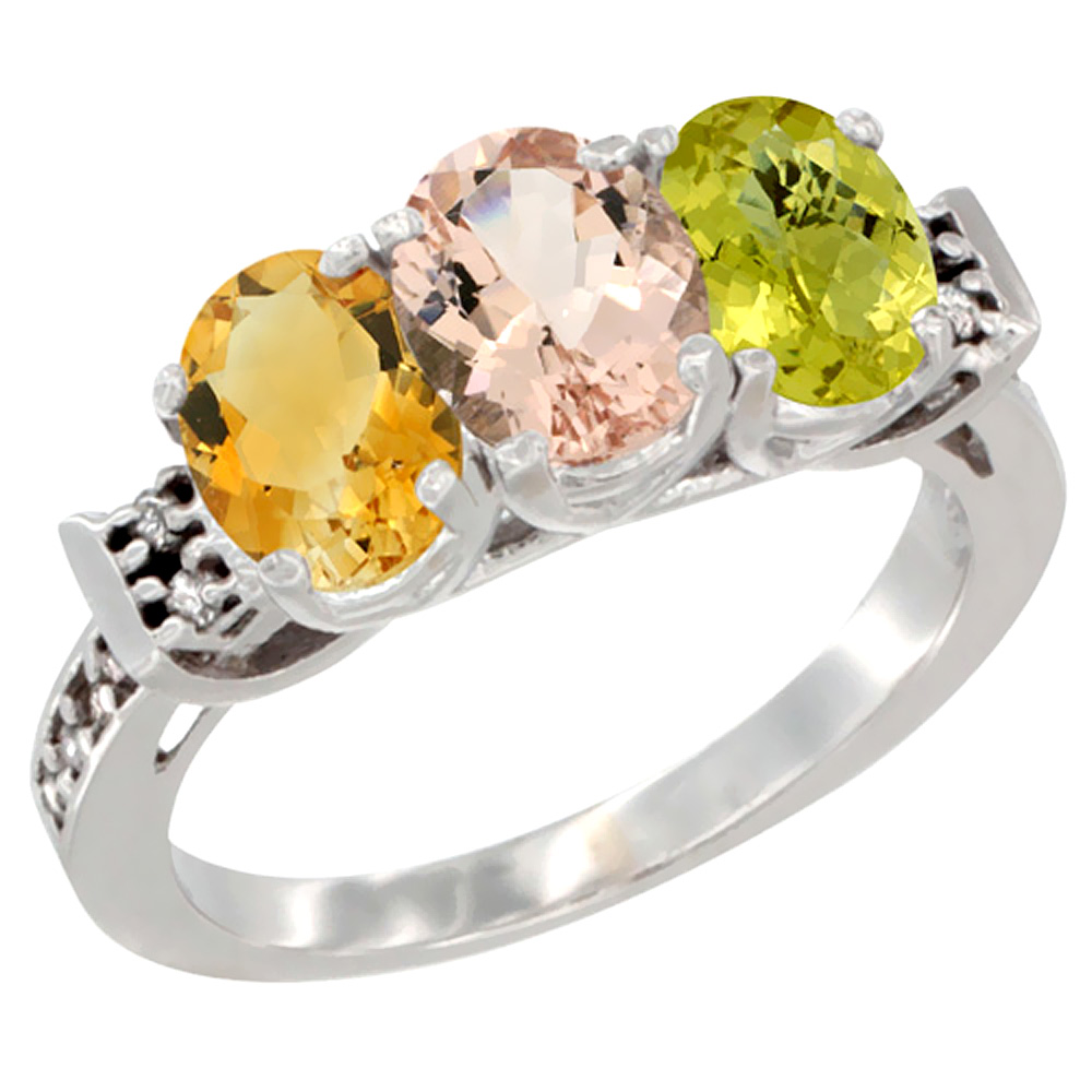 14K White Gold Natural Citrine, Morganite & Lemon Quartz Ring 3-Stone 7x5 mm Oval Diamond Accent, sizes 5 - 10