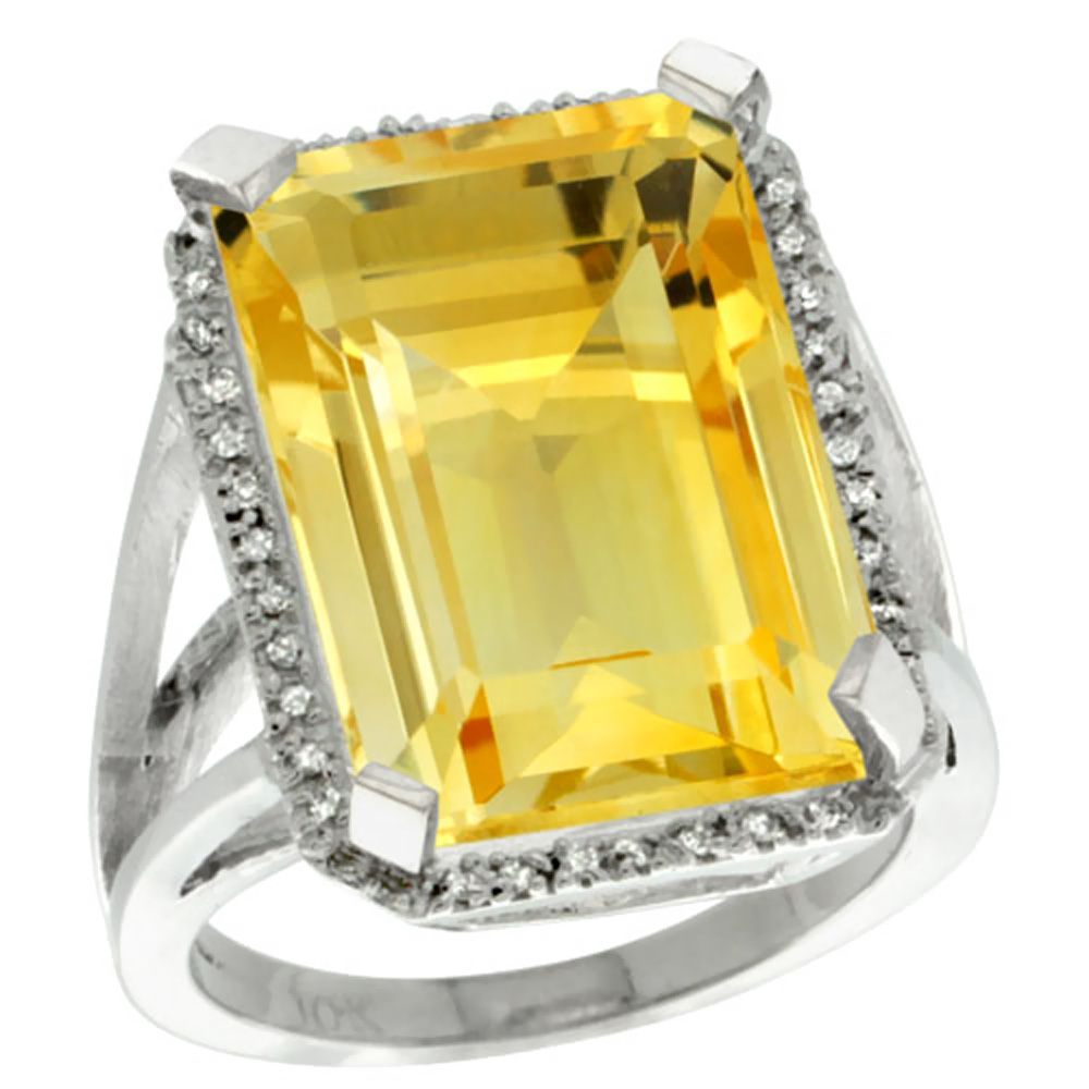 10K White Gold Diamond Natural Citrine Ring Emerald-cut 18x13mm, sizes 5-10