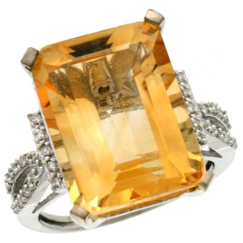 10K White Gold Diamond Natural Citrine Ring Emerald-cut 16x12mm, sizes 5-10