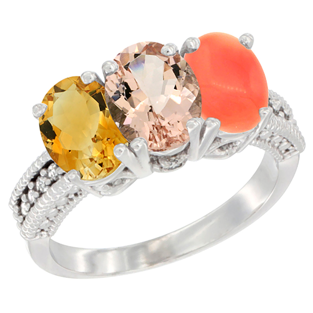 10K White Gold Natural Citrine, Morganite & Coral Ring 3-Stone Oval 7x5 mm Diamond Accent, sizes 5 - 10