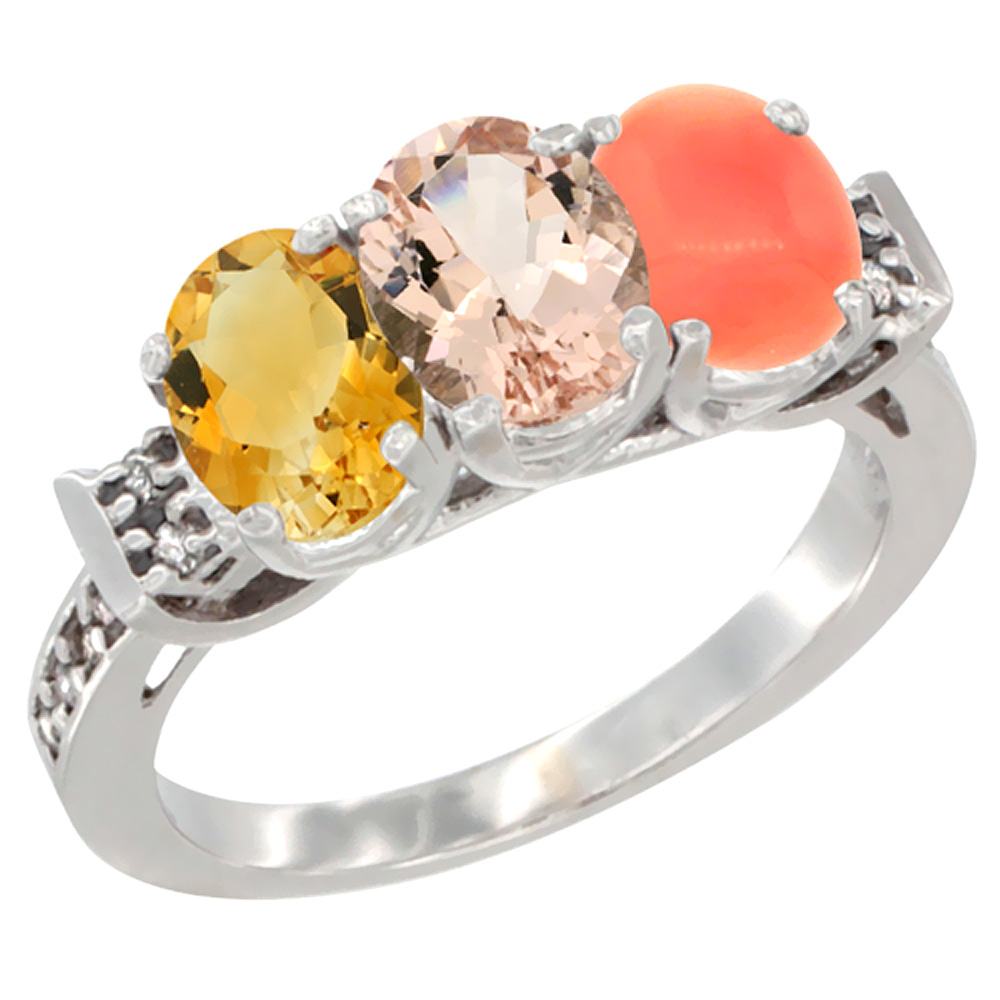 10K White Gold Natural Citrine, Morganite & Coral Ring 3-Stone Oval 7x5 mm Diamond Accent, sizes 5 - 10