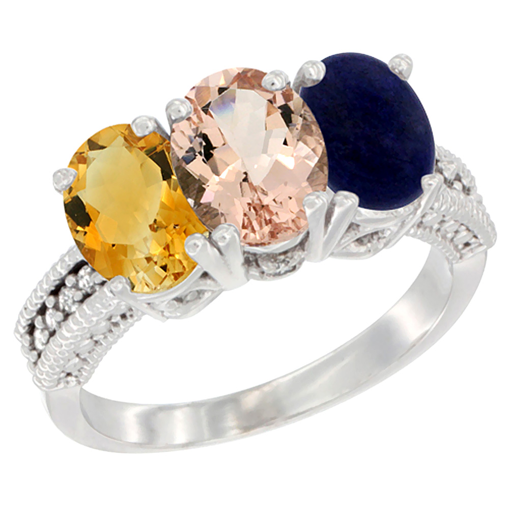 14K White Gold Natural Citrine, Morganite & Lapis Ring 3-Stone 7x5 mm Oval Diamond Accent, sizes 5 - 10