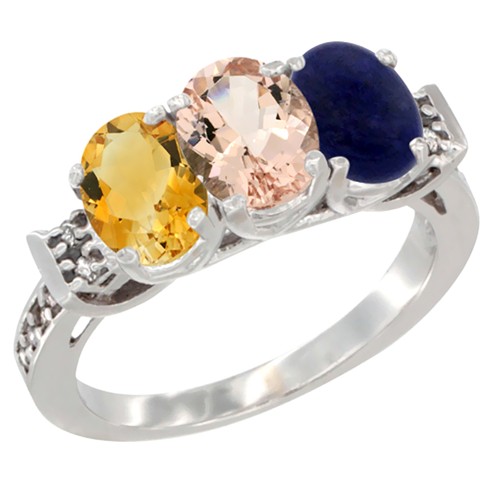 10K White Gold Natural Citrine, Morganite &amp; Lapis Ring 3-Stone Oval 7x5 mm Diamond Accent, sizes 5 - 10