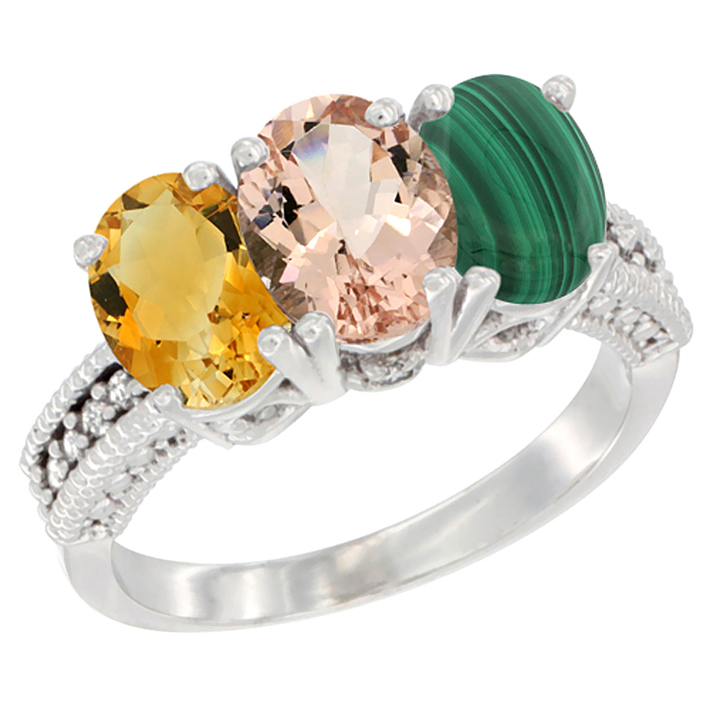 14K White Gold Natural Citrine, Morganite &amp; Malachite Ring 3-Stone 7x5 mm Oval Diamond Accent, sizes 5 - 10