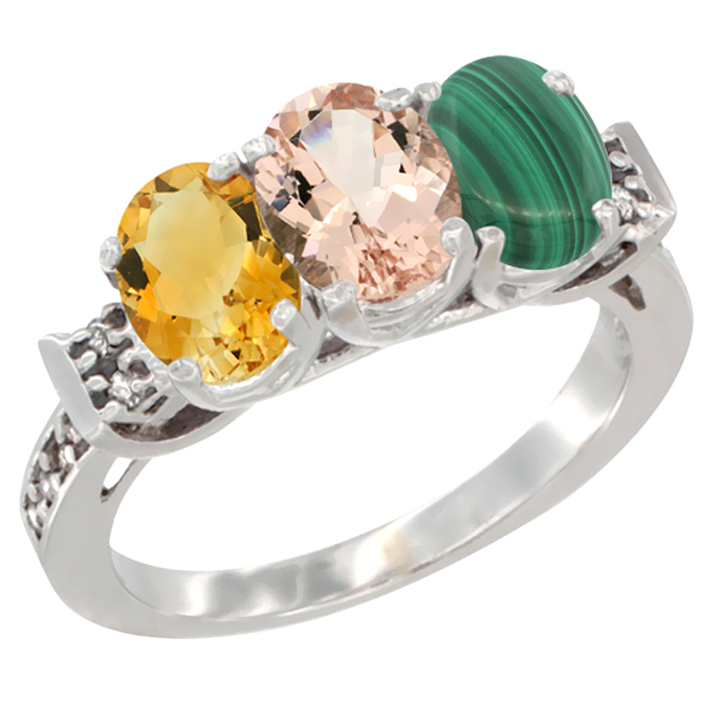 10K White Gold Natural Citrine, Morganite & Malachite Ring 3-Stone Oval 7x5 mm Diamond Accent, sizes 5 - 10